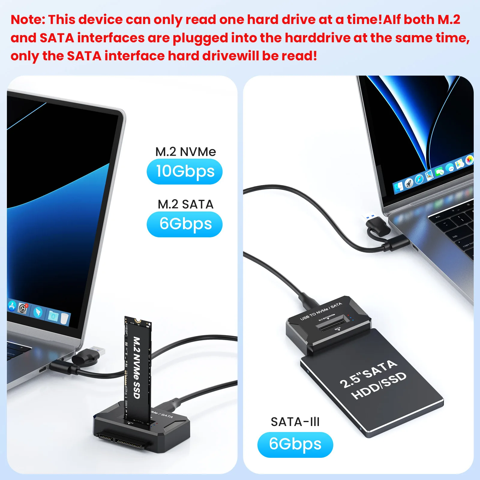 2 in 1 M.2 NVME/SATA 듀얼 프로토콜 M.2 to USB Type-C 10Gbps 2.5 SATA SSD 어댑터 (NVME PCIE NGFF SATA 하드 드라이브 엔클로저용)