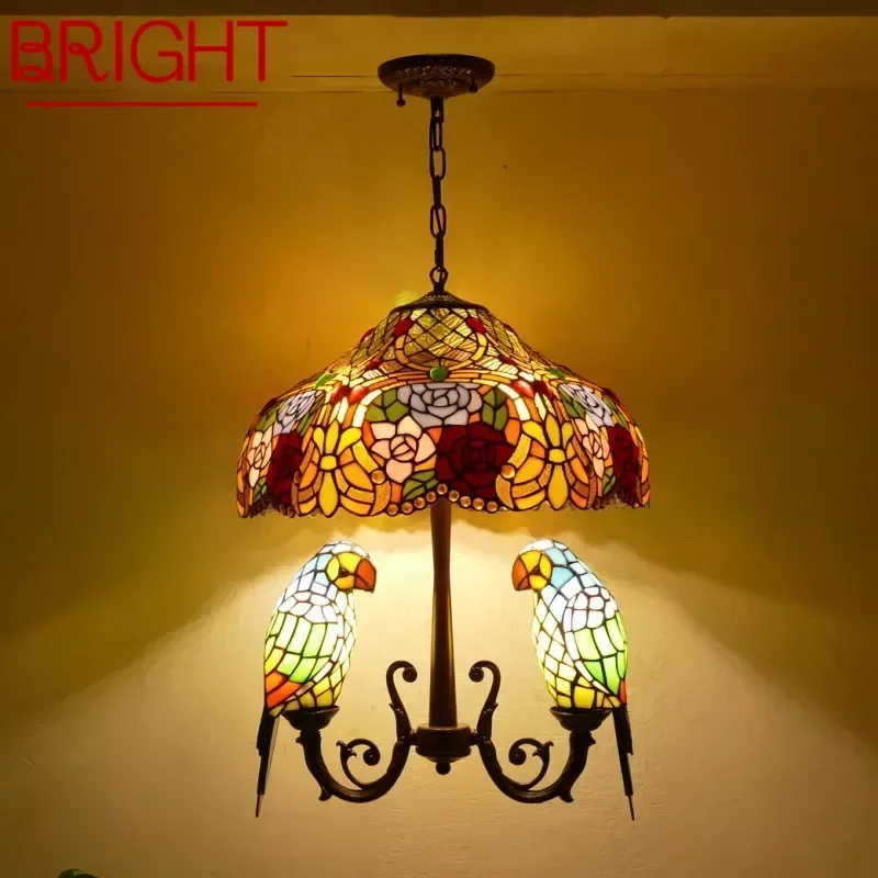 

BRIGHT Tiffany Parrot Chandelier Vintage Creative Color Glass Living Room restaurant Bedroom Hotel Corridor Pendant Lamp