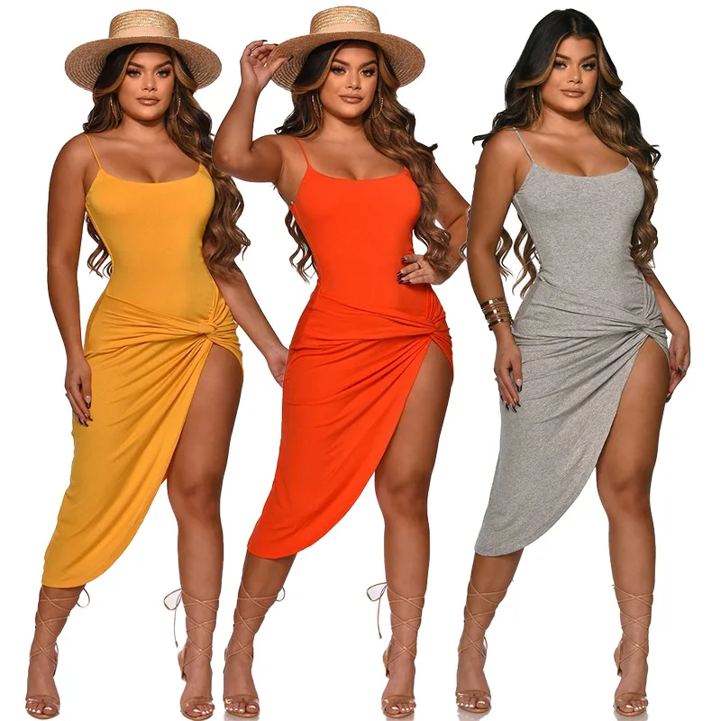 

2024 Summer Women Sexy Nightclub Pleated Hot Sale Solid Color Split Night Club Dress