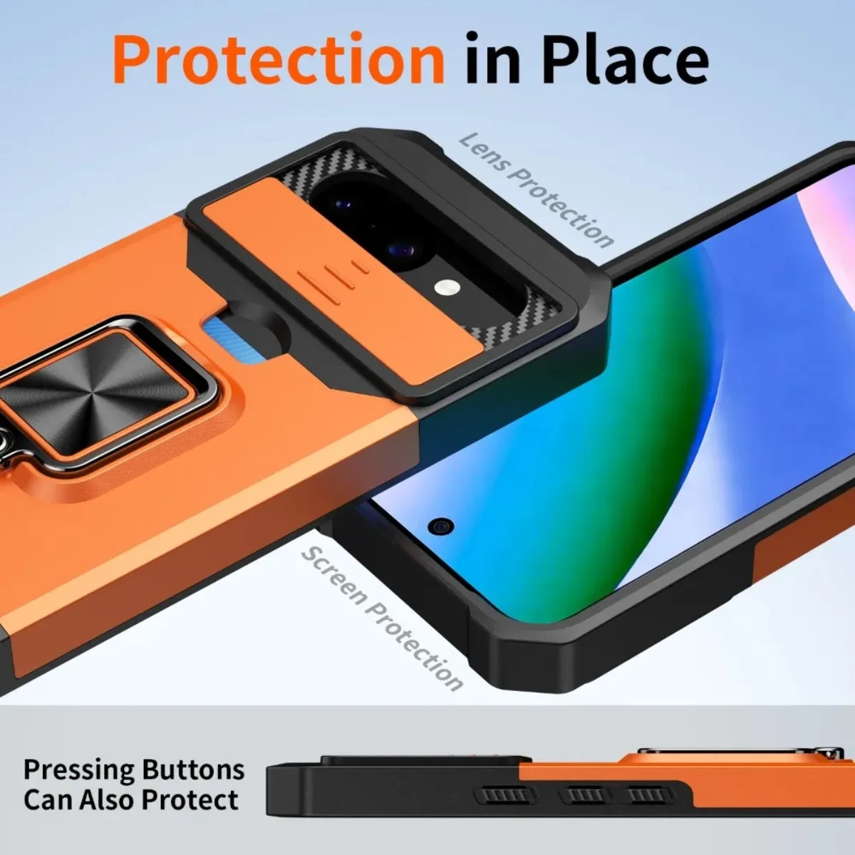 Card Slot Ring Holder Kickstand Armor Phone Case with Slide Camera Cover