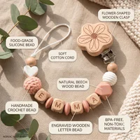 Attache-tétine personnalisée 2026 avec nom sur mesure, chaîne en bois, support de sucette en silicone sans BPA, cadeau de naissance 6