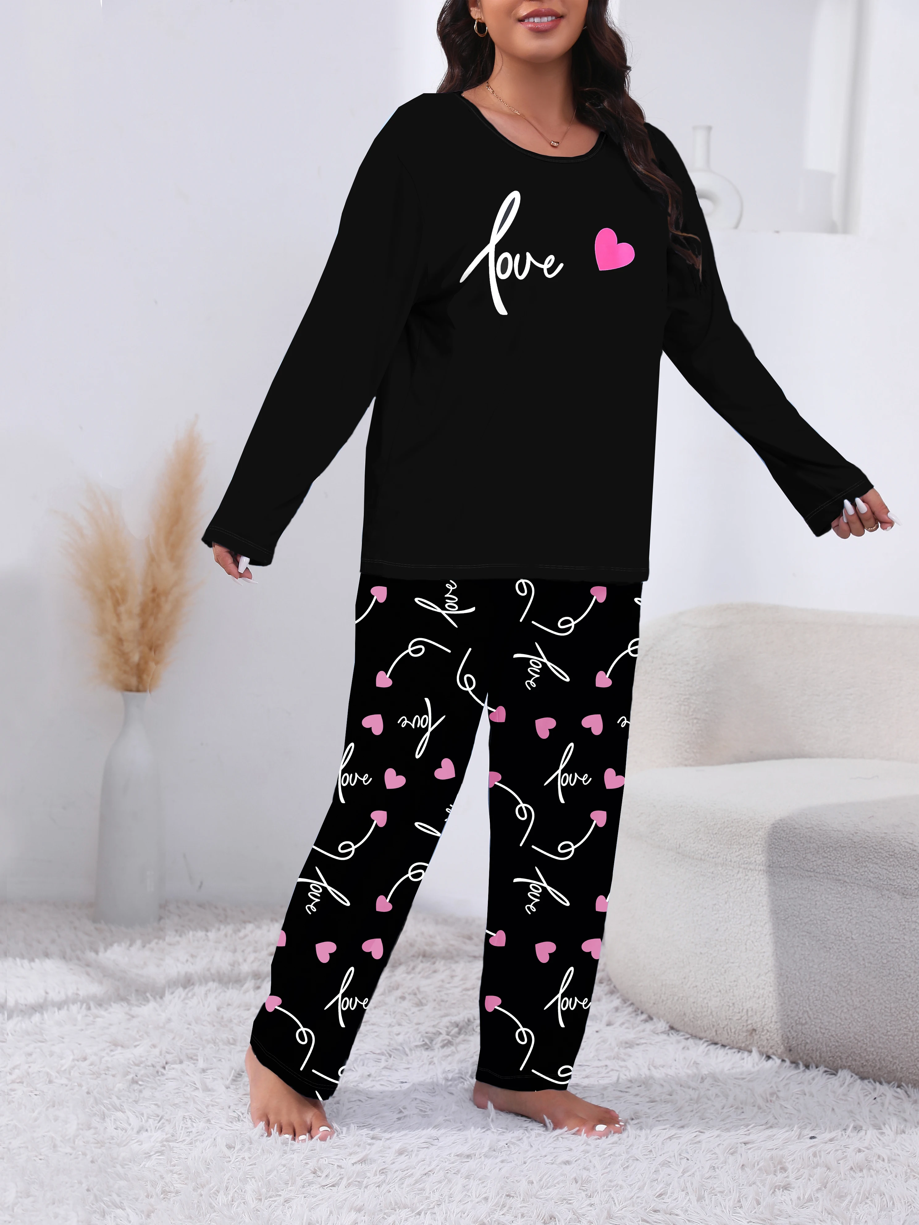 JuliaFashion - Heart Print Bow Patchwork Tops Elastic Waist Sleepwear Suits main image 1