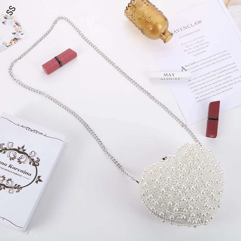Heart Design Full Pearl Handmade Fashion Clutch Single Chain Crossbody Bag Handbag Woman