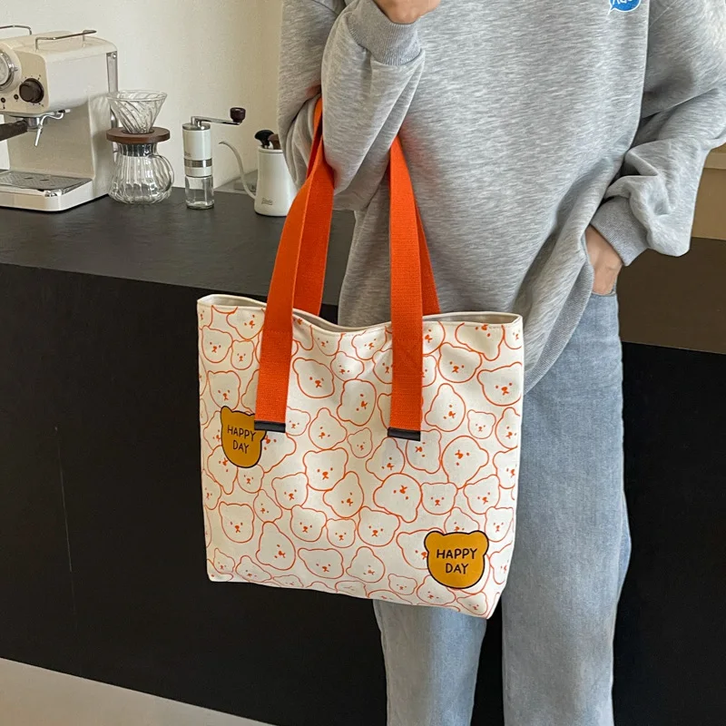 High Quality Thickened Canvas Tote Bag, Large Capacity Bear Pattern Handbag Women Stylish Shoulder Bag Campus Students Schoolbag
