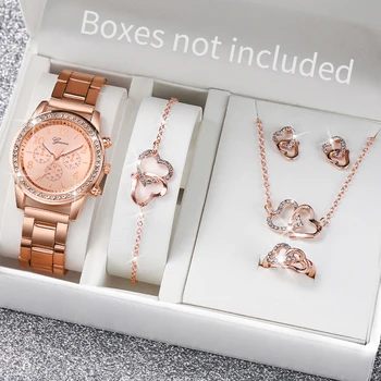 6PCS/Set Women's Watch Fashion Rhinestone Stainless Steel Band Quartz Watch Jewelry Set Reloj Mujer (Without Box) 1