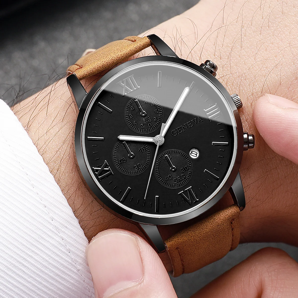 2PCS/Set Men Business Watches Fashion Roma Dial Date Watch Leather Band Quartz Wristwatches Relogios Feminino（Without Box） 3