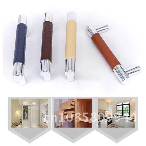 

Contemporary Genuine Leather+Brass Pull Handles Cabinet Drawer Knobs Kitchen Cupboard Door Handle Wardrobe Furniture Fittings