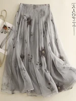 Retro Cotton Linen Double Layer A-Line Skirt High Waist Pleated Draped Ele Summer Long Skirts for plus Size Women