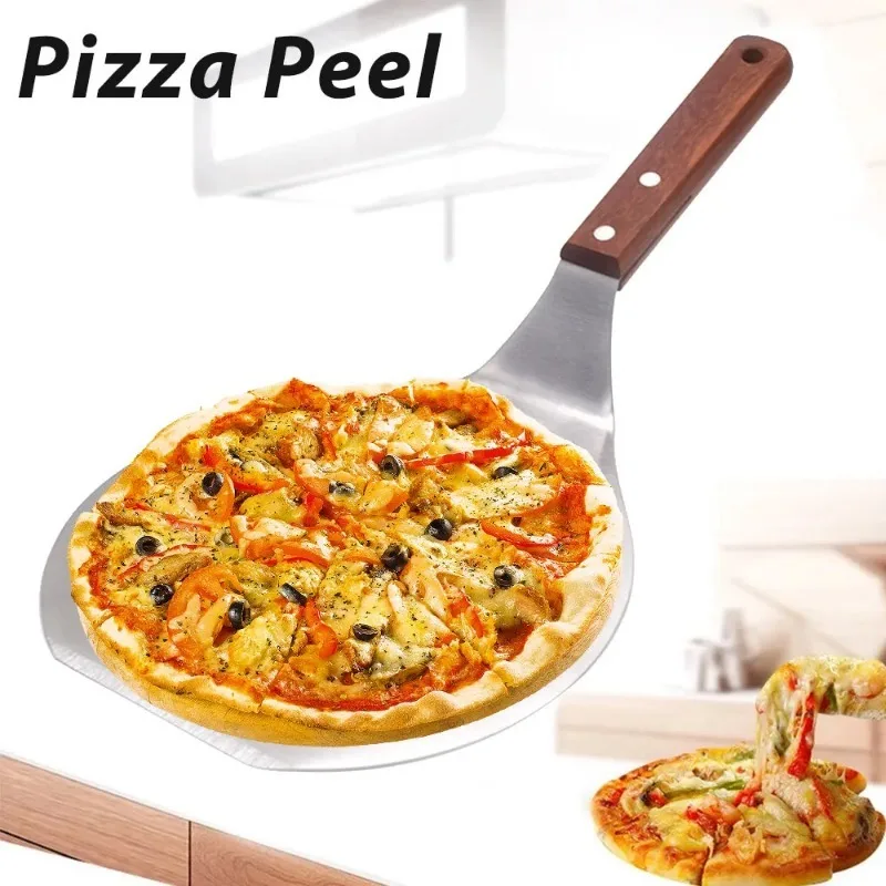 Circle Stainless Steel Pizza Peels Wood Handle Pizza Cake Move Shovel Turners Spatula Pizza Baking Tools Accessories