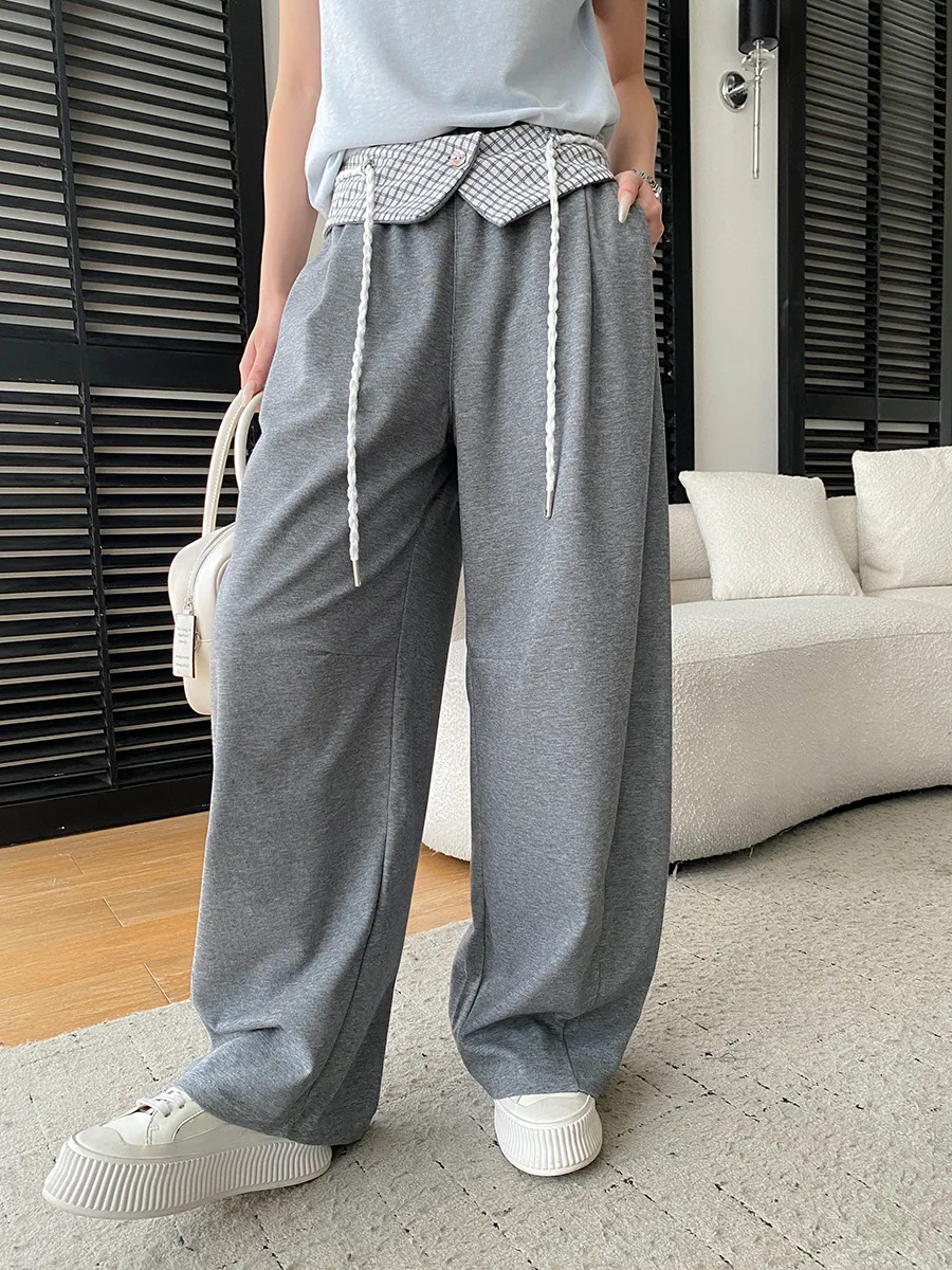 Frühlings- und Sommerhosen für Damen, lässig, einfarbig, abnehmbarer karierter Bund, elastische hohe Taille, schlank machende, weit geschnittene Hose mit geschwungenem Saum. – Detail 20
