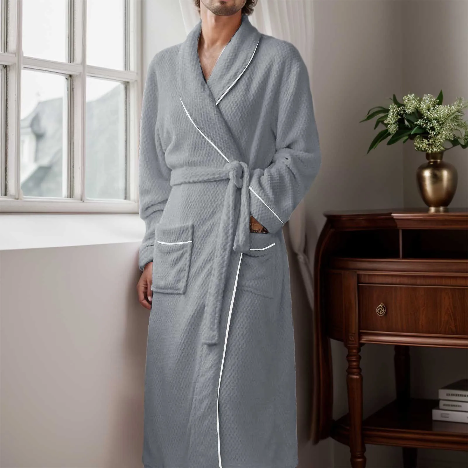 

Mens Thickened Bathrobe Autumn And Winter Plush Long Sleeved Nightgown Lapel Jacquard Velvet Warm Bathrobe Home Wear Nightwear