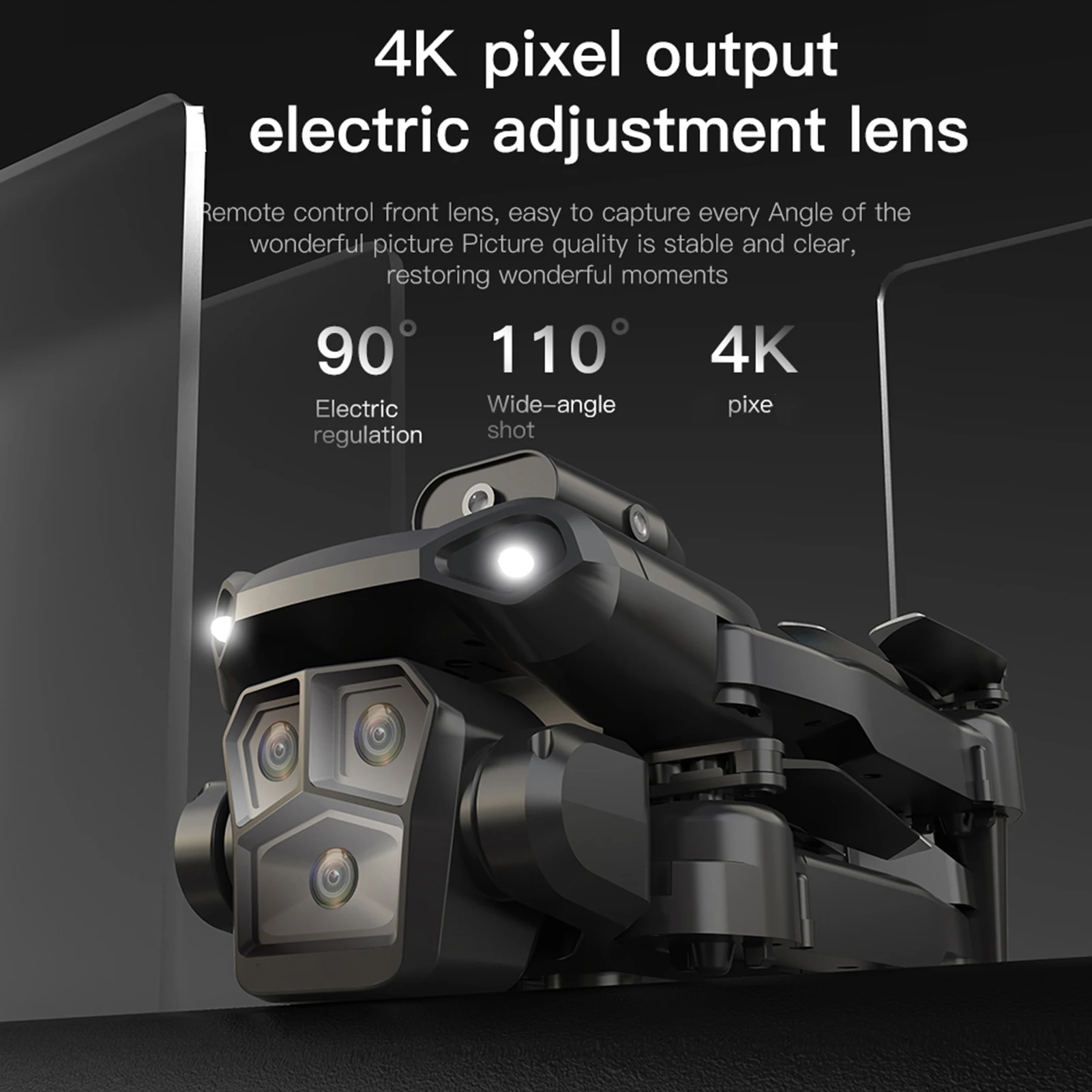 Drone 4K 5 Caméras 360° Pliable WiFi 5G filmant une scène de coucher de soleil, avec les lumières LED clignotantes en action.