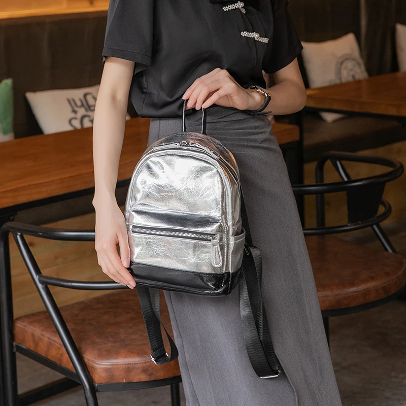 Small Silver Backpack for Women 2024 New Fashion Texture Women's Handheld Book Bag Versatile Soft Leather Backpack 6