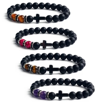 Religion Christian Cross Bracelets Men Fashion Reiki Tiger Eye Black Matte Agates Bead Bracelet Nature Stone Catholicism Jewelry