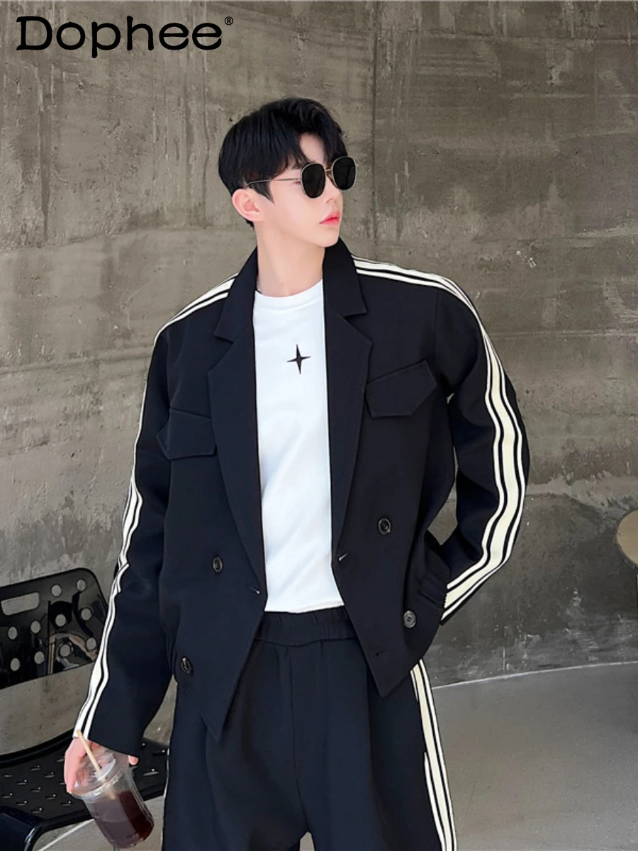 Spring 2024 High-End Men's Sets Long Sleeve Contrast Color Striped Suit Men's Fashion Wide-Leg Trousers Handsome Two-Piece Suit