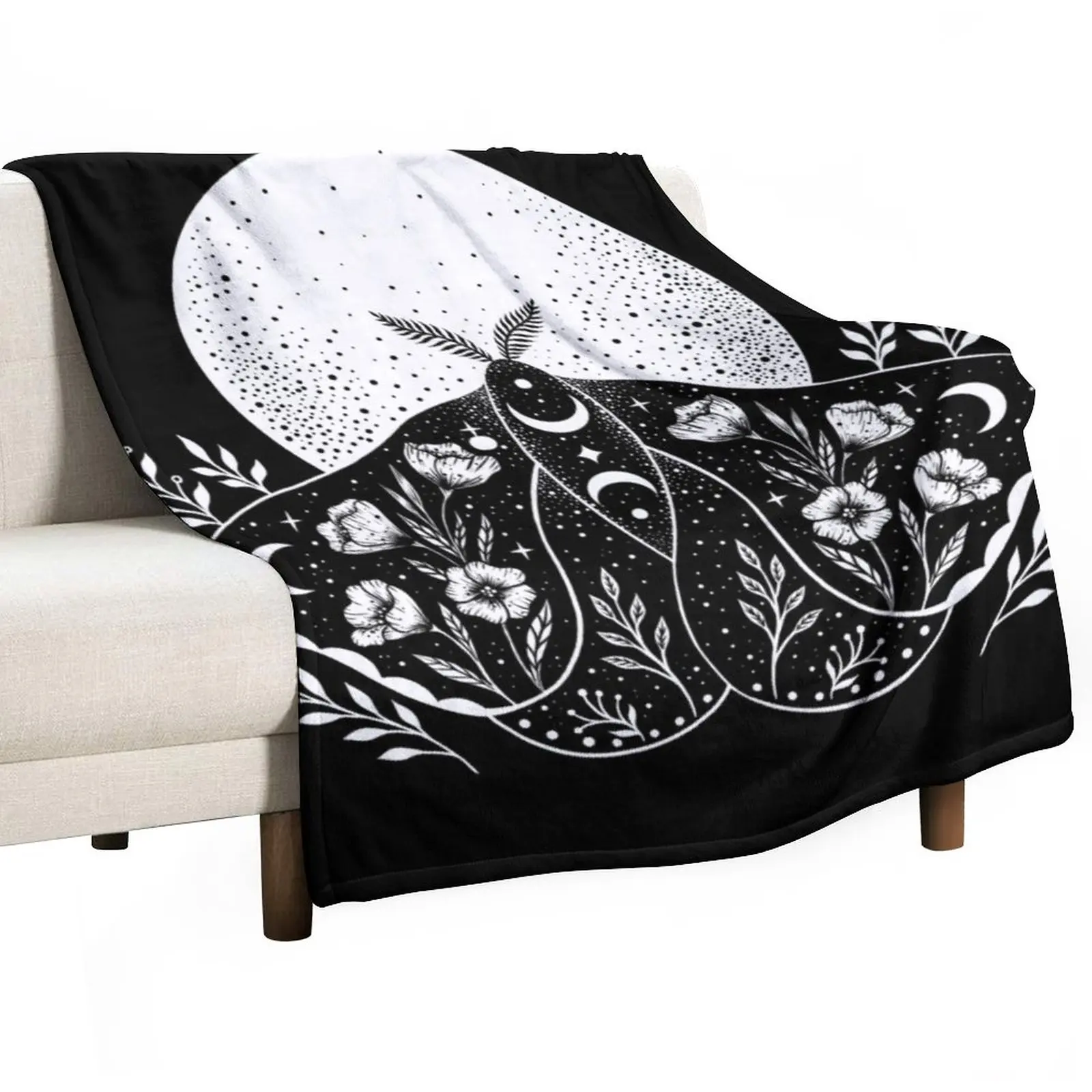 

Luna and Moth - Black Throw Blanket sofa Decorative Sofa Blanket