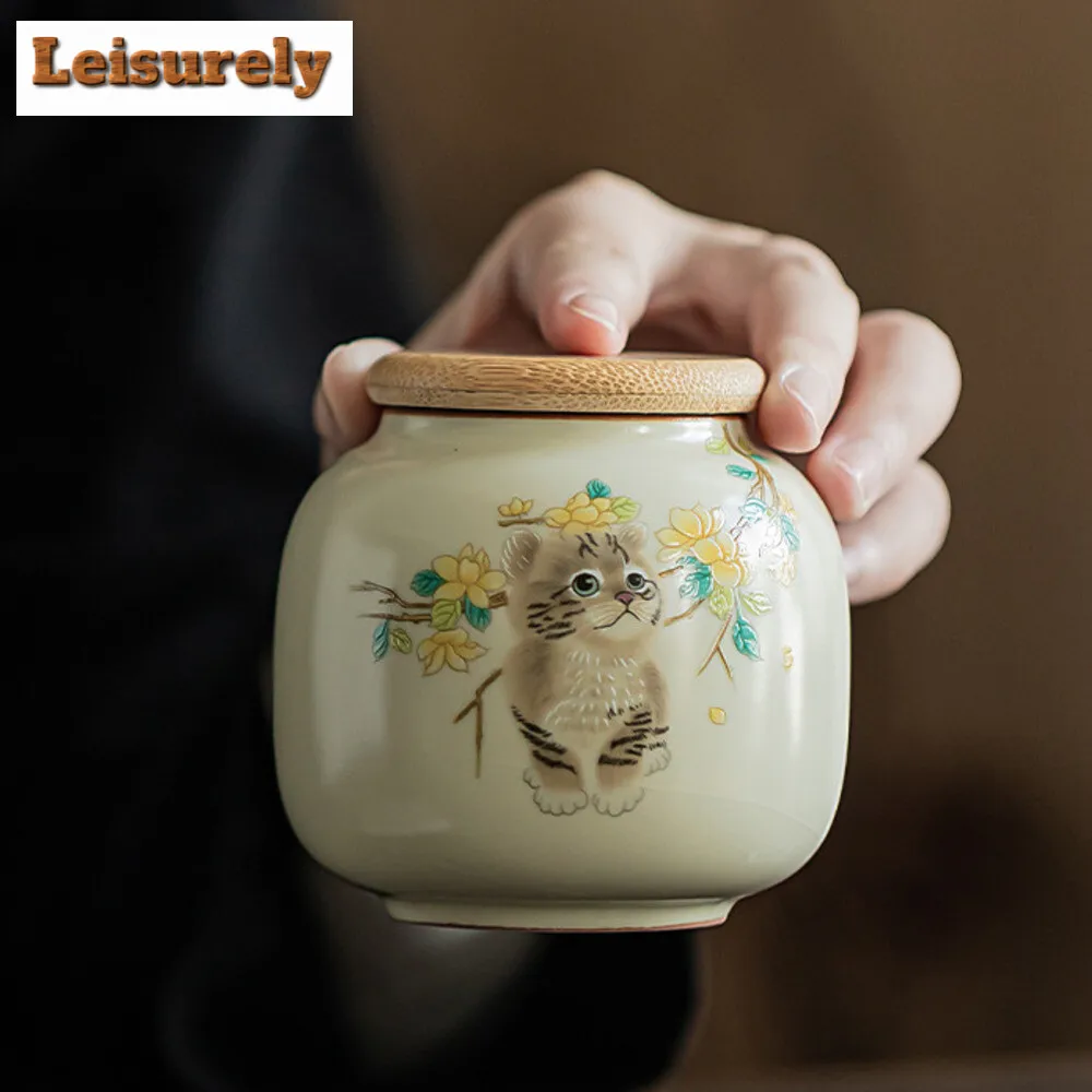 250ml Cream Ru Kiln Tea Box Organizer Portable Mini Moisture-proof Rabbit Storage Tank Containers Tea Caddy Teaset Decoration