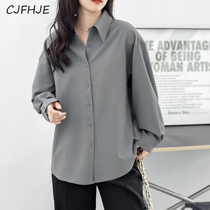 

CJFHJE New Solid Color Minimalist Women's Long Sleeved Shirt Spring Korean Fashion Loose Fitting Women Casual POLO Collar Shirt