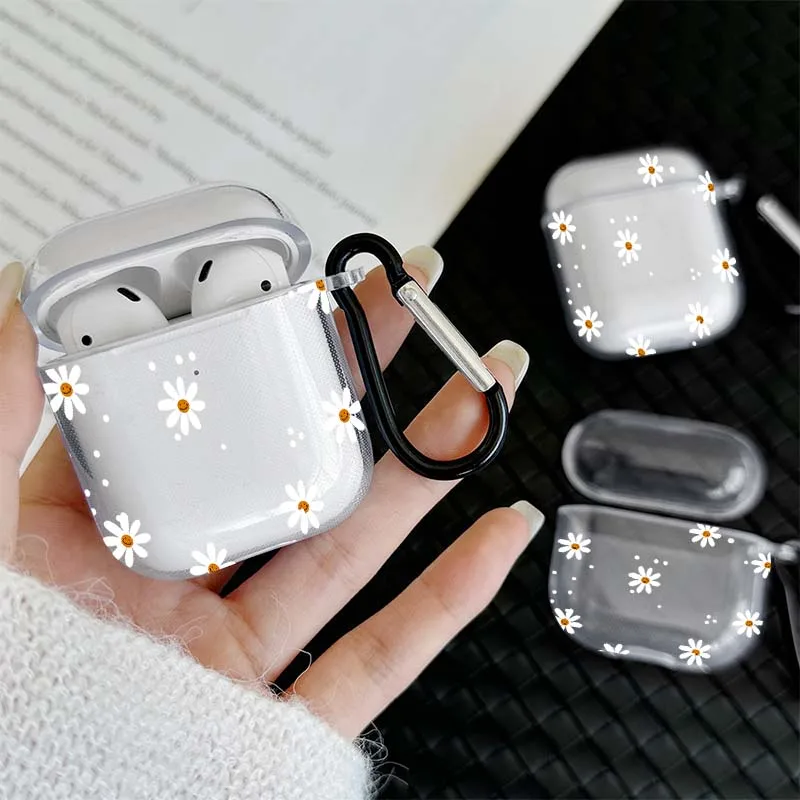 Transparent TPU Flower Pattern Wireless Bluetooth Case with Hook - Protective Cover