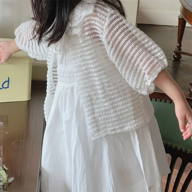 Deer Jonmi 여아용 레이스 할로우 아웃 블라우스, 공주 가디건 코트, 퍼프 소매 셔츠, 한국 스타일, 2023 여름