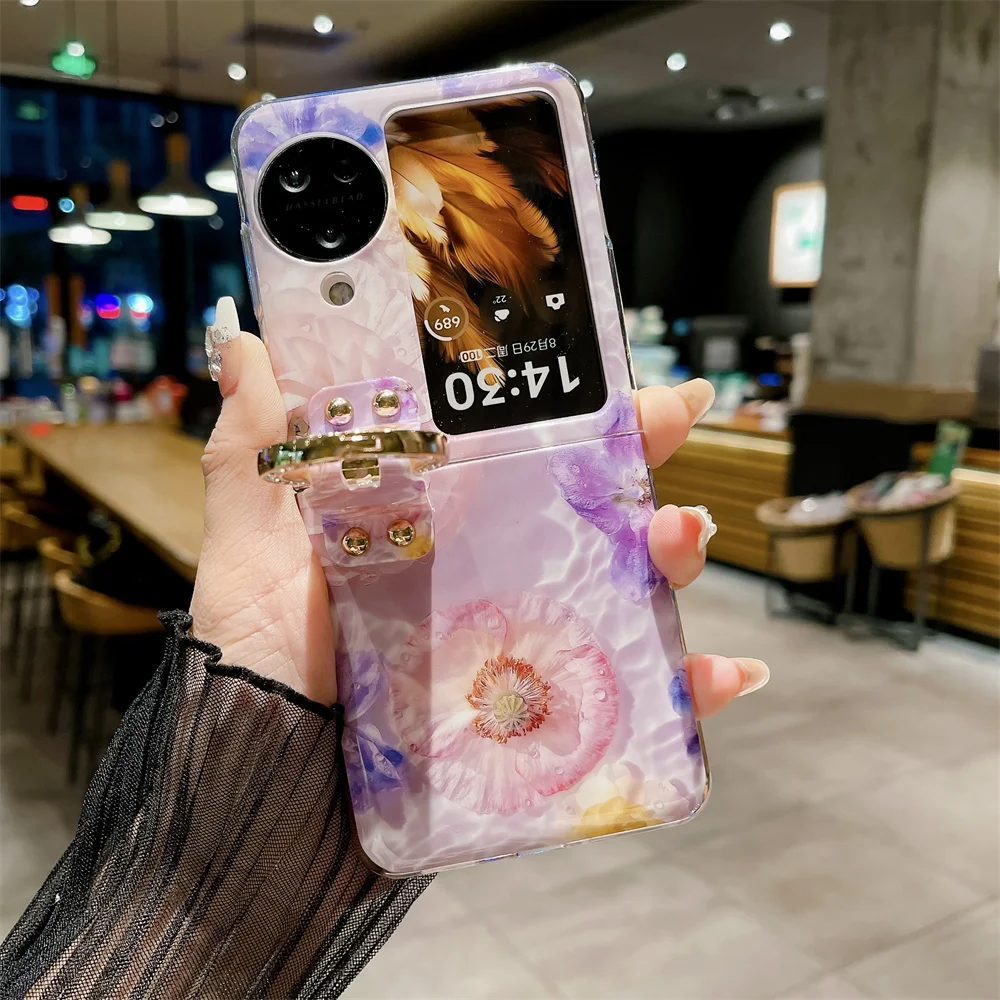 Ring Blue-ray Flower Phone Case For OPPO Find N2 N3 Flip PC Protective Shell Cover
