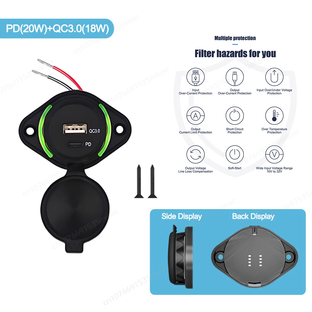 Daakro 72 W USB-laadbus 12 V autolader dual QC3.0 USB & PD3.0 type C mobiele telefoon snellader waterdicht met schakelaar voor 12 V / 24 V caravans, auto's, motorfietsen, vrachtwagens