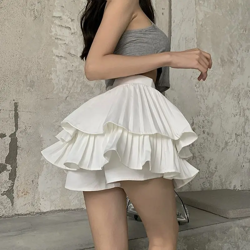 

Double Layer Cake Pleated Skirt Full Skirt Summer Anti-naked Girls Short Skirt High Waist A-line Korean Fashion New Half Skirt
