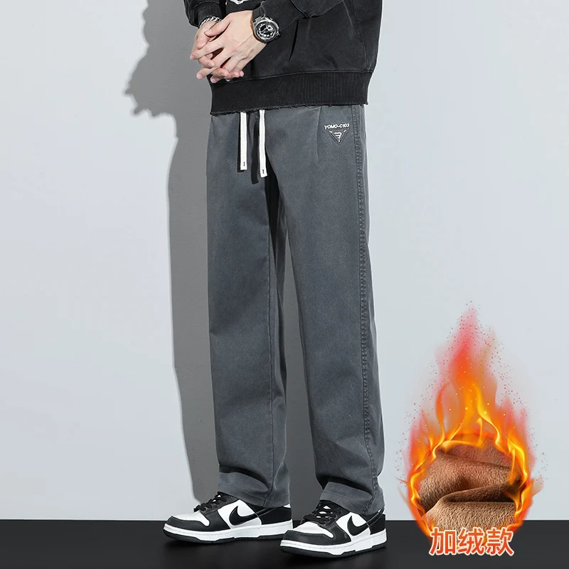 Men's Lyocell Fleece Lined Loose Straight Leg Wide Leg Cargo Pants 2025 Autumn Winter Warm Casual Long Pants Plus Size 5XL