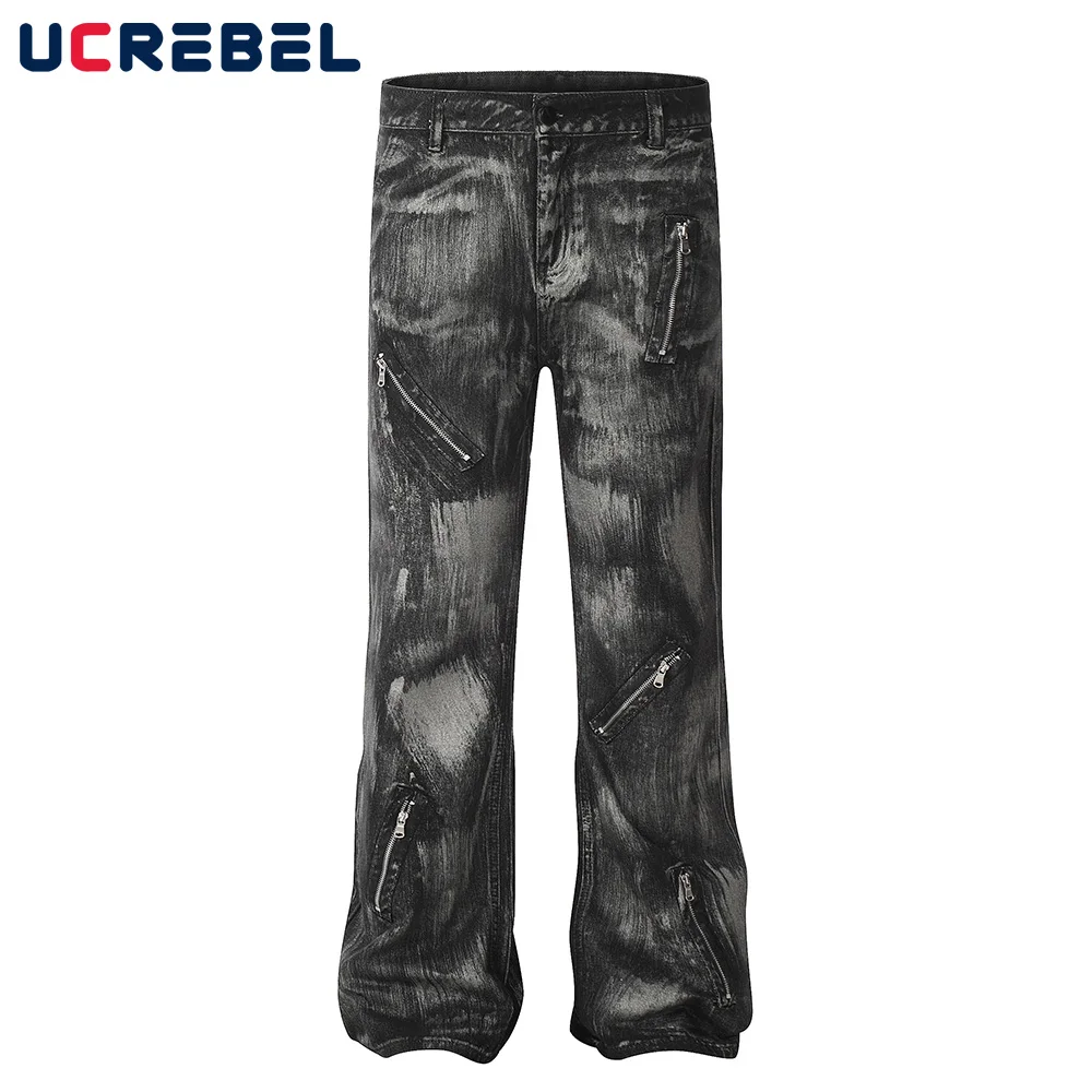 

Zipper Decoration Jeans Mens High Street Washed Distressed Straight Loose Trousers Men Denim Pants