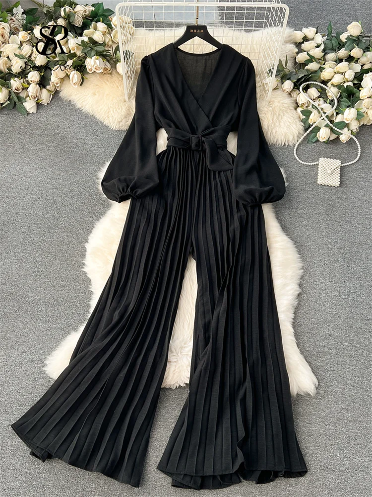SINGREINY V Neck Jumpsuits for Women Long Puff Sleeve Belt Design
