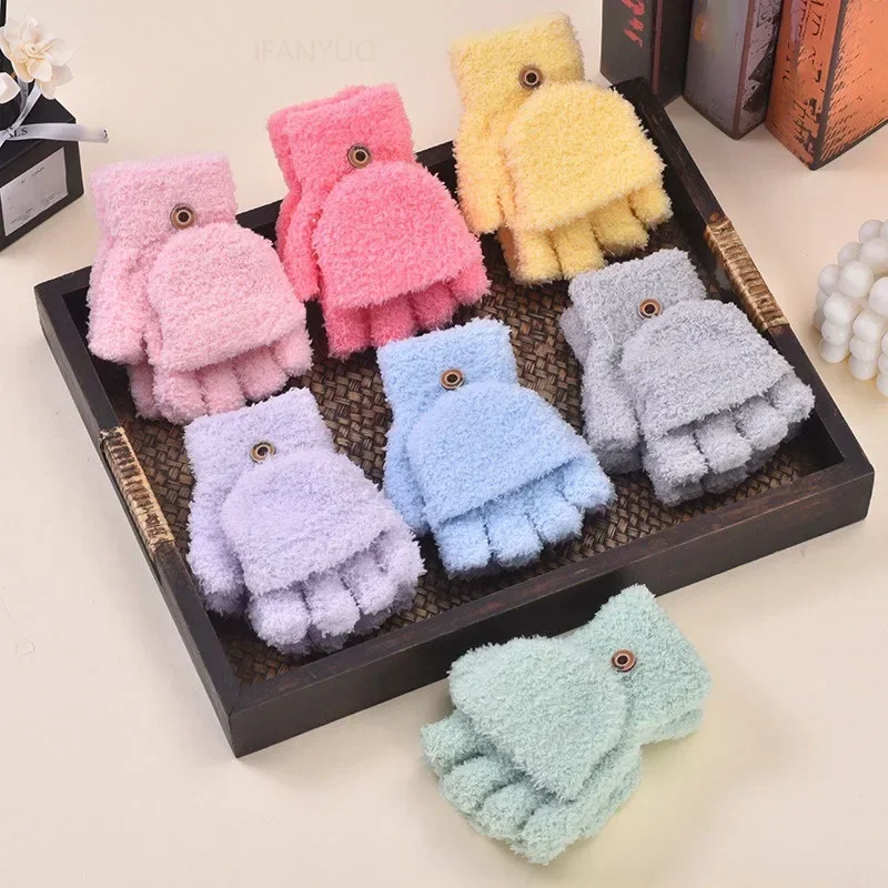Solid Students Children Half Finger Thick Writing Gloves Coral Fleece Girls Baby Warm Riding Mittens Simple Boys Kid Flip Gloves winter gloves baby mittens