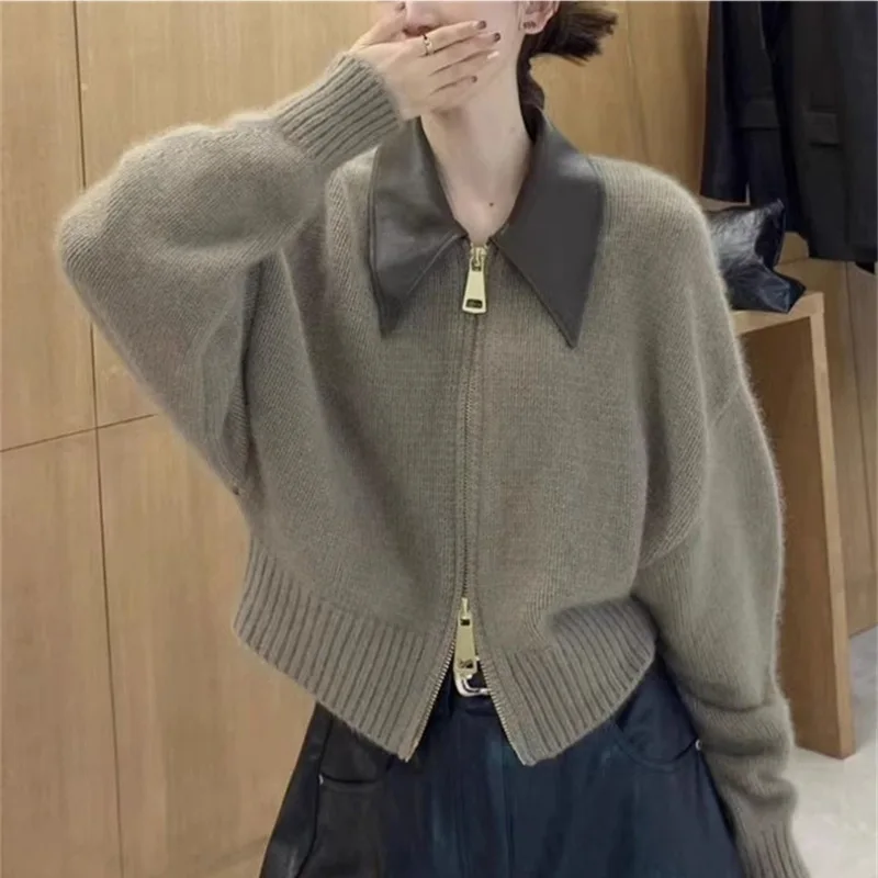 Women PU Leather Knitted Sweater Cardigan
