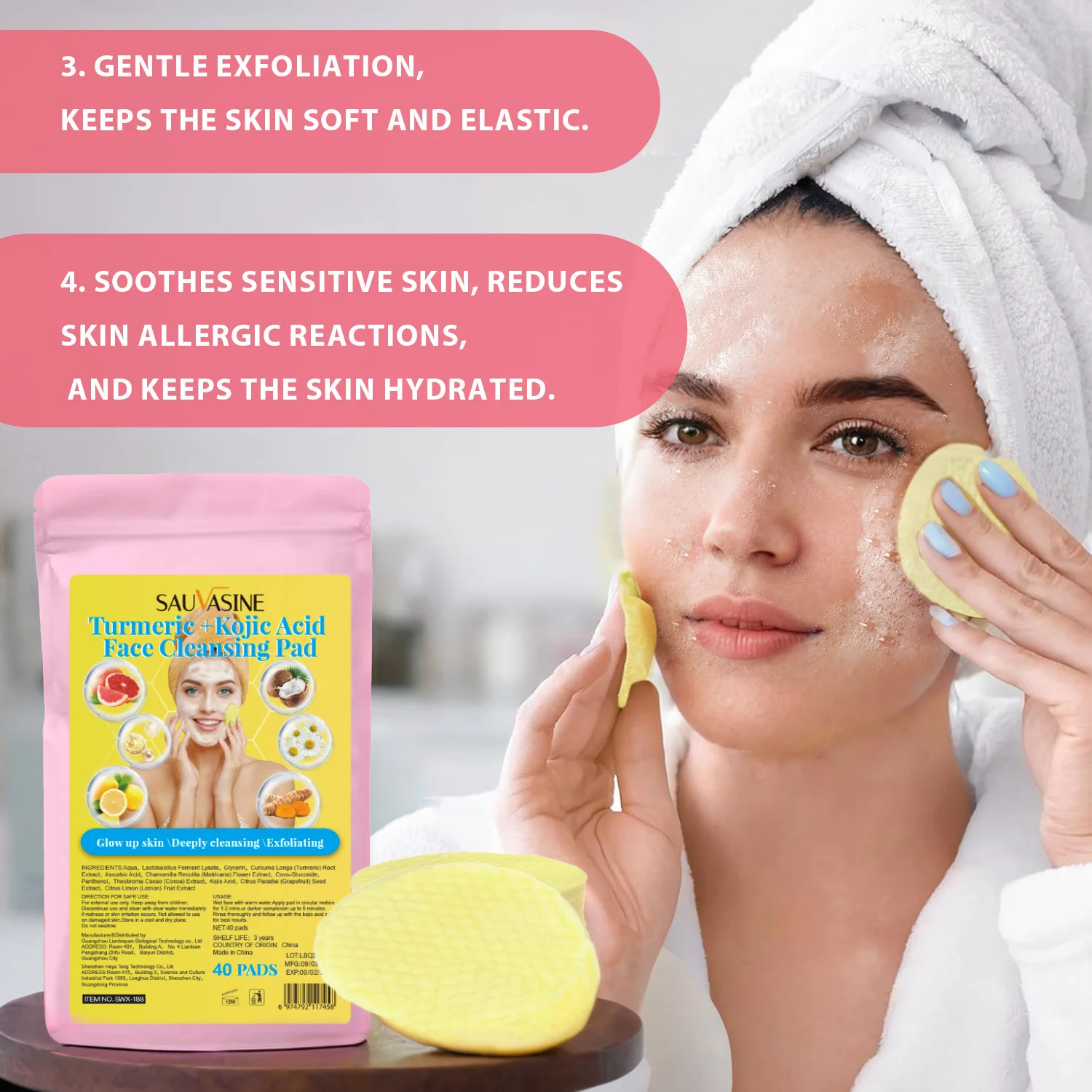 Turmeric Kojic Acid Facial Cleansing Pads Exfoliante Facial Pads Deep Cleansing Clogged Pores Excess Oil Dirt Dead Skin Care 3