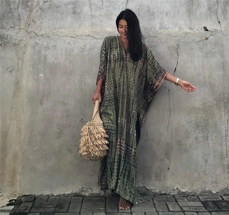 2023Summer Bohemian Striped Print Women Beach Dress Bathing Suit Cover Up Summer Tunic for Woman Beachwear Robe De Plage Kaftan