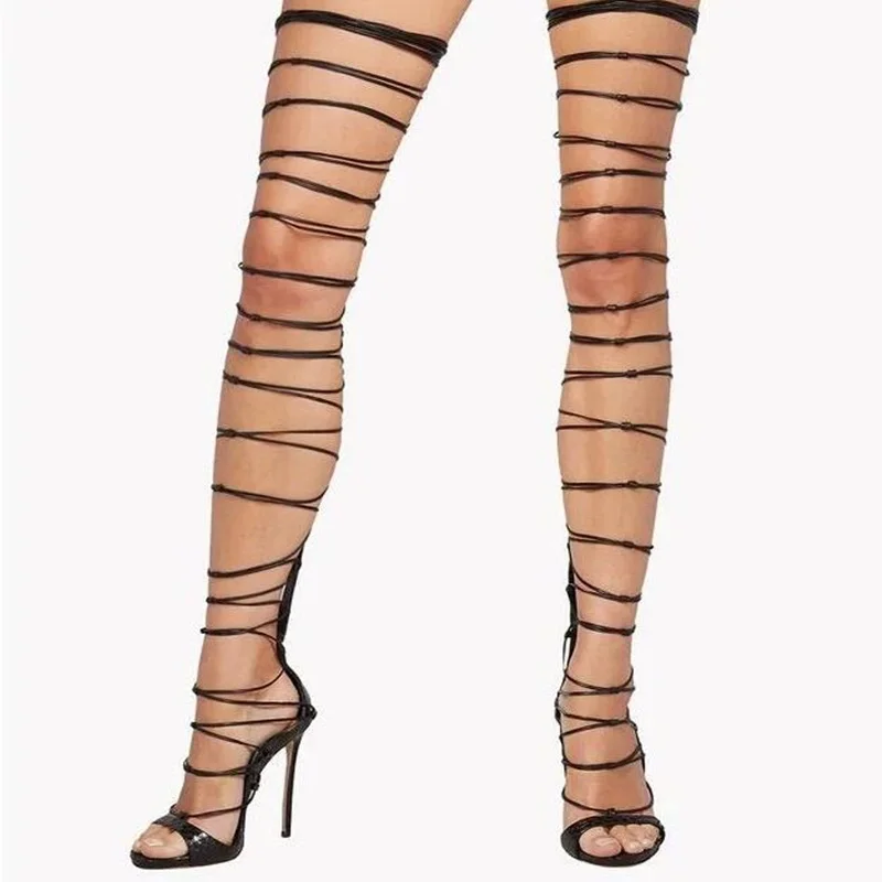

Narrow Band Over The Knee Boots Snake Leather Cut-out Strappy Gladiator Sandals Boots Peep Toe Thin Heels Dress Shoes Women