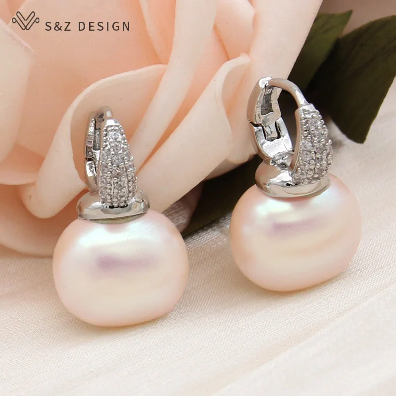 S&Z DESIGN New Fashion Round Rectangle Simulated-pearl Bead Drop Earrings For Women 585 Rose Gold Color Cubic Zirconia Eardrop