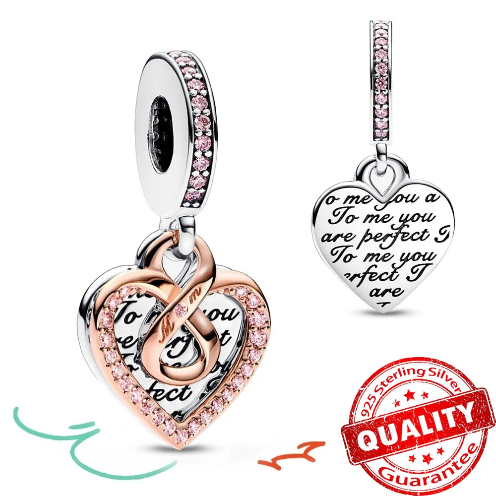 Real 925 Sterling Silver Infinity Double Love Heart Split Charm Fit Pandora Bracelet Women Original Necklace Pendant Jewelry