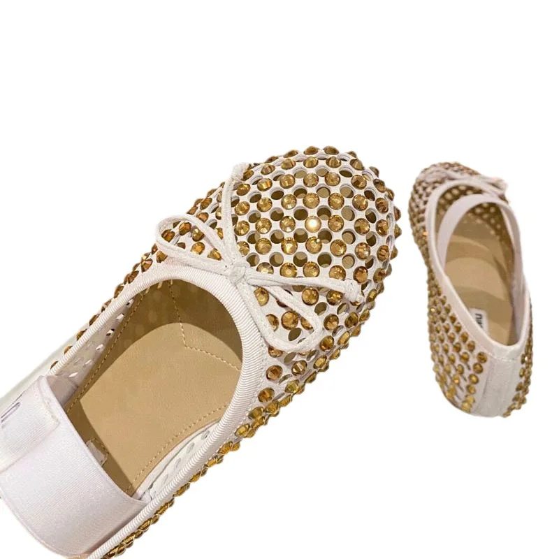 Water Diamond Flat Bottom Ballet Dance Shoes Women's Genuine Leather New Shallow Mouth Hollow Round Head Bow Belt Single Shoes