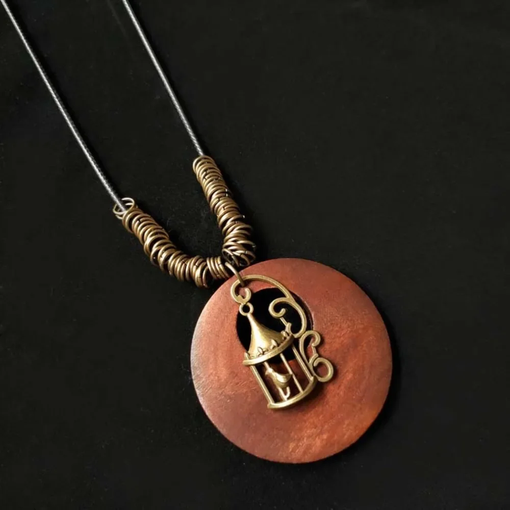 Vintage Wooden Owl Pendant Necklace - Ethnic Long Chain Jewelry