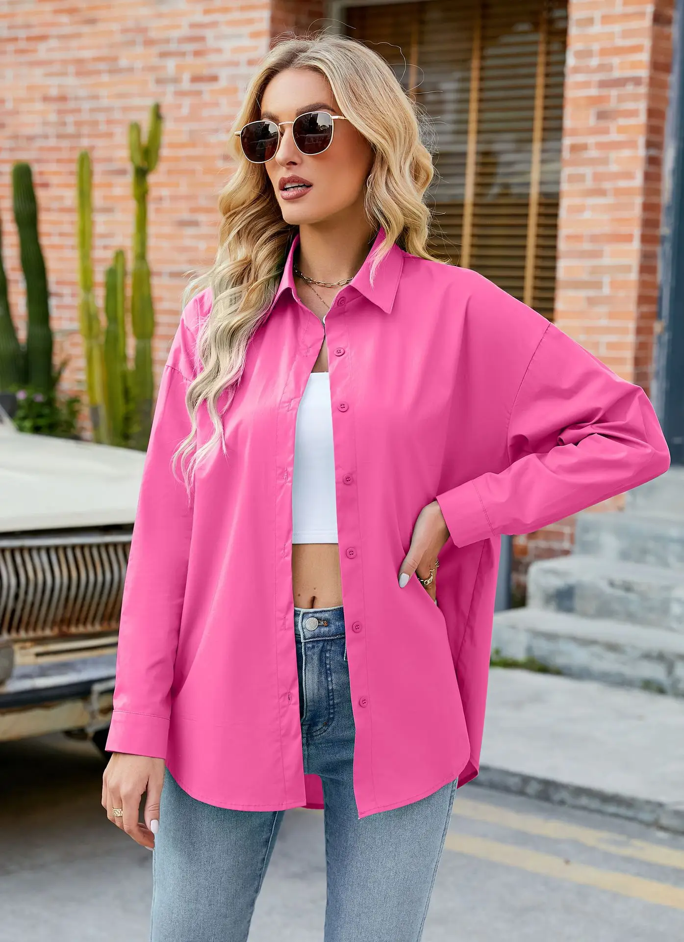 Womens Clothing V-neck Solid Button Long Sleeve Casual Blouse