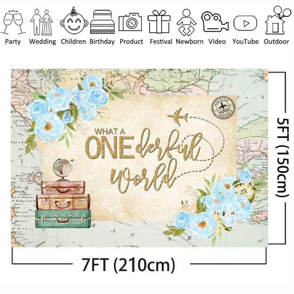 Mocsicka-baby 1st Birthday Party Backdrop Mapa do Avião Que Maravilhoso World Photo Backgrounds Adereços de Fotografia Recém-nascidos - Image 3