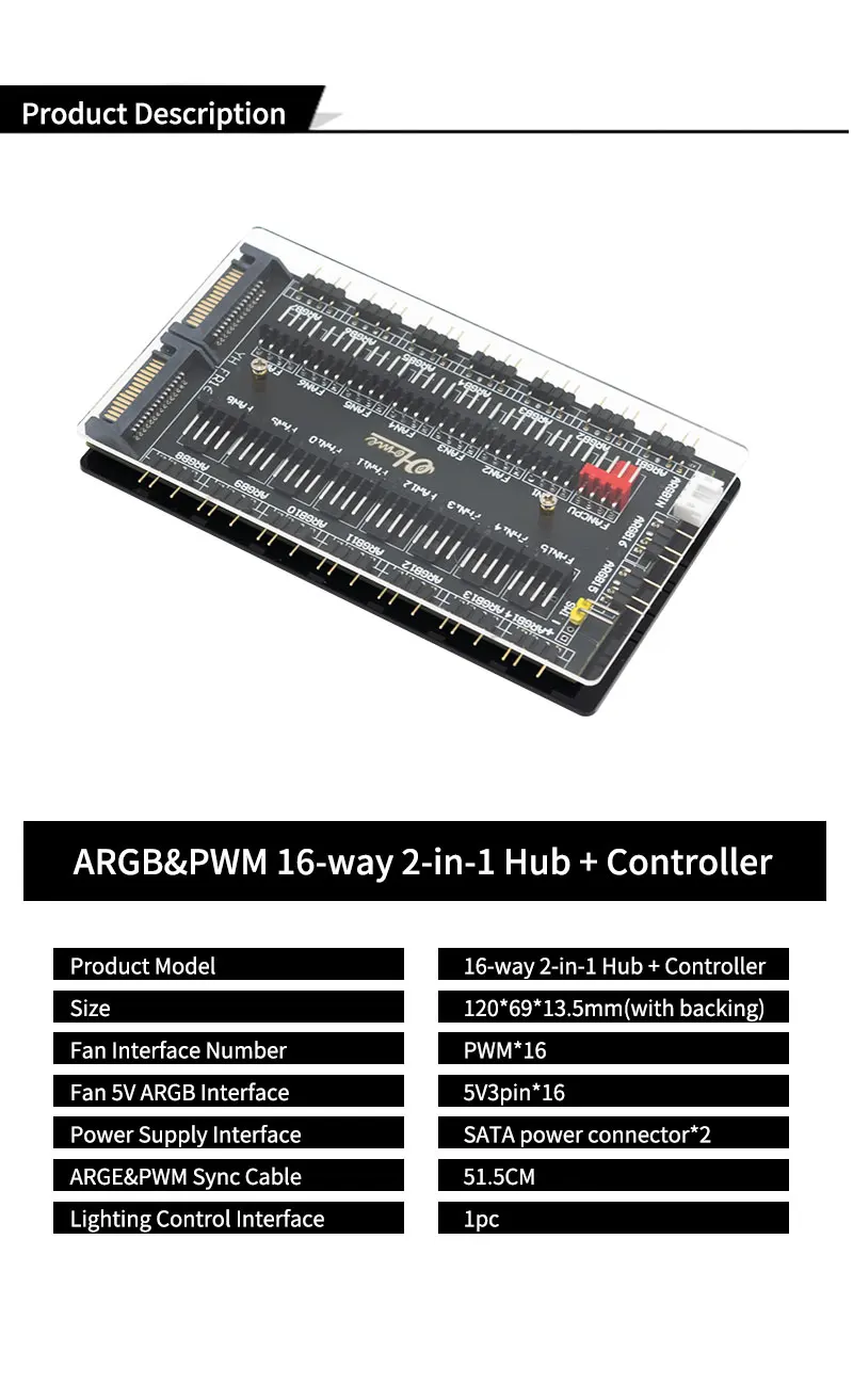 ARGB PWM Fan Hub 4Pin/3Pin 1-to-16 Way Splitter SATA Powered Adapter for PC RGB/