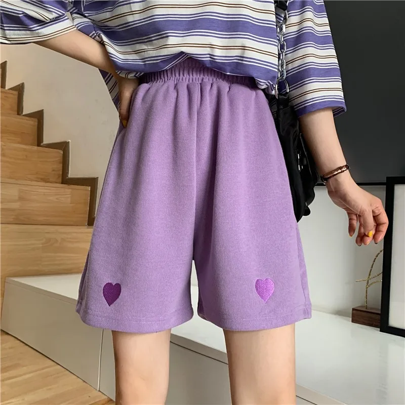 Summer New Love Embroidery Shorts Elastic Waist Loose Solid Color All-match Straight Pants Casual Fashion Women Clothing