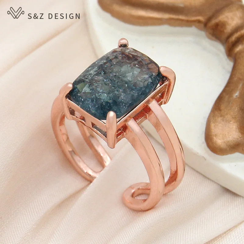 S&Z DESIGN New Fashion Rectangle Ice Crack Crystal Adjustable Rings For Women Wedding 585 Rose Gold Color Stylish Jewelry Gift