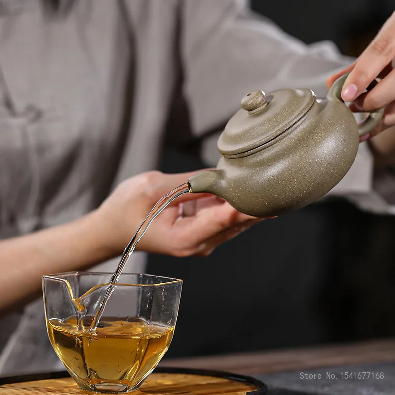 200ml Chinese Yixing Handmade Bean Green Purple Clay Teapot, Small Capacity Famous Artists Hand-carved Kettle Zisha Tea Set, 1Pc