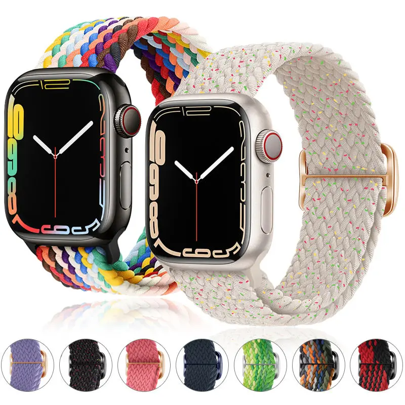 

Плетеная соло-петля для Apple watch 40 мм 44 мм 38 мм 45 мм 49 мм 41 мм, эластичный нейлоновый браслет iWatch серии 9 8 7 6 5 4 3 SE Ultra 2 1