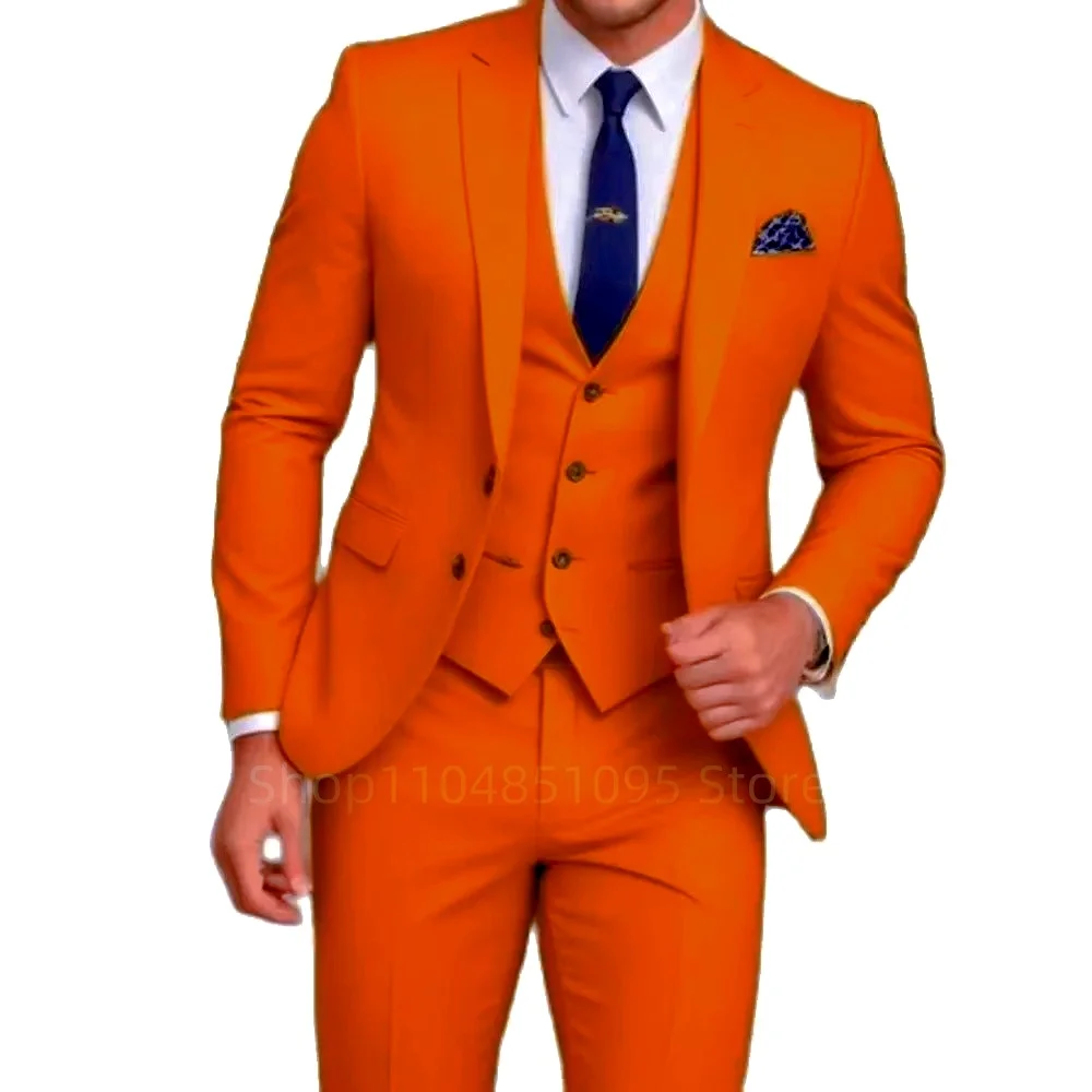 Men's Orange/Yellow Slim Fit 3-Piece Formal Business Suit Set with Peak Lapel Blazer Vest Trousers for Wedding Party Prom
