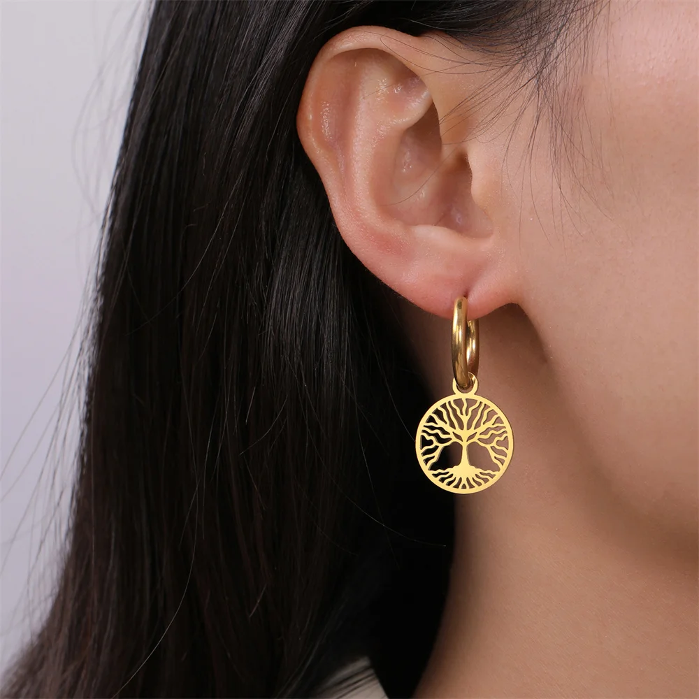 EUEAVAN Round Tree of Life Stainless Steel Drop Earrings for Woman Girls 2023 Trendy Good Luck Earring Amulet Jewelry Party Gift 2