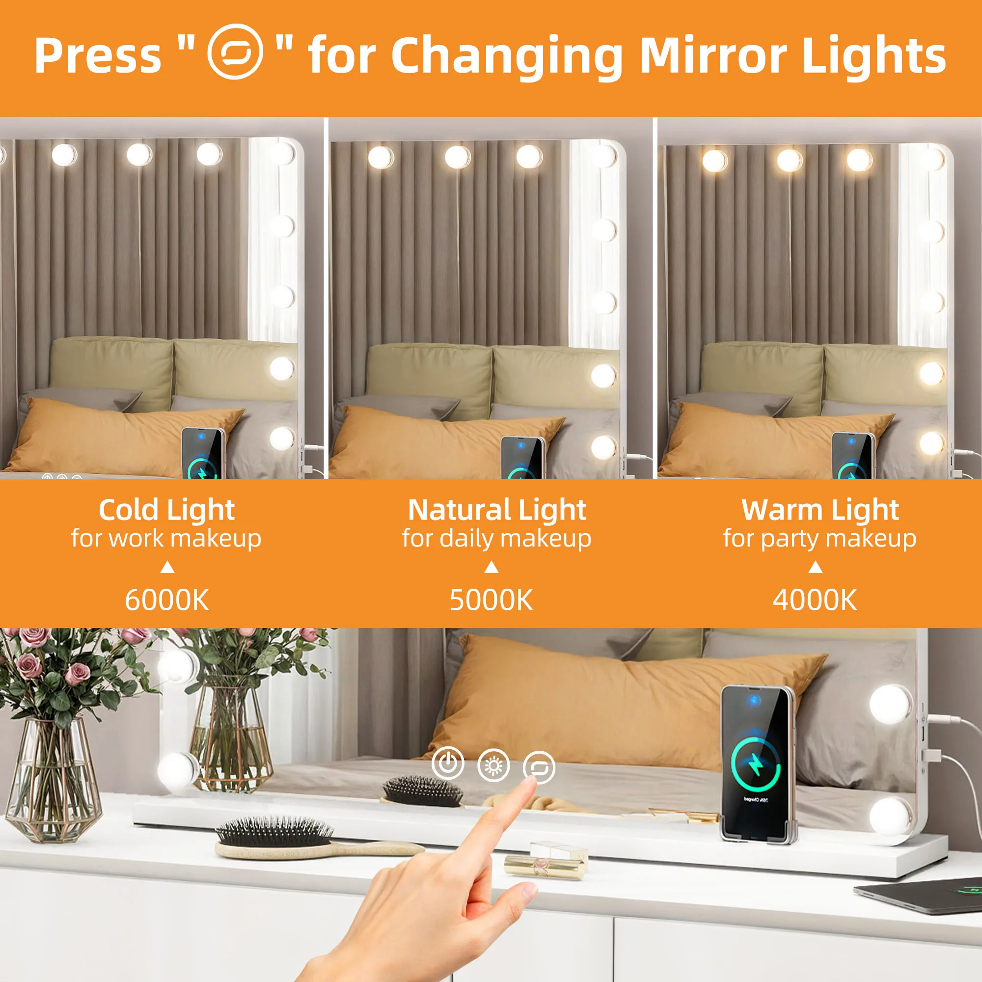 31" White Make up Mirror w/ Smart Touch Control Wireless Charger Light Bulb Unit