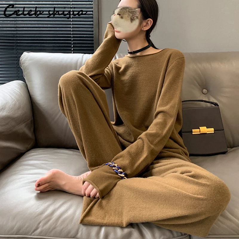 New Cashmere Pants Sets Woman Oversized Sweater and Elastic Waist Pants Autumn Winter Elegant Wool 2 Piece Sets Female OL